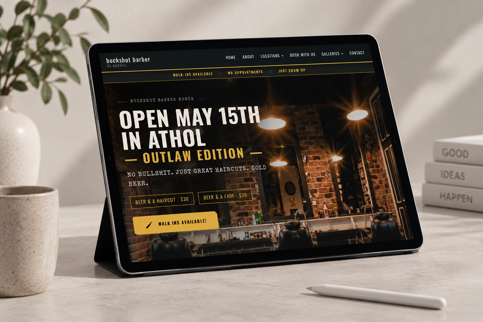 Buckshot Barber North website design shown on a tablet